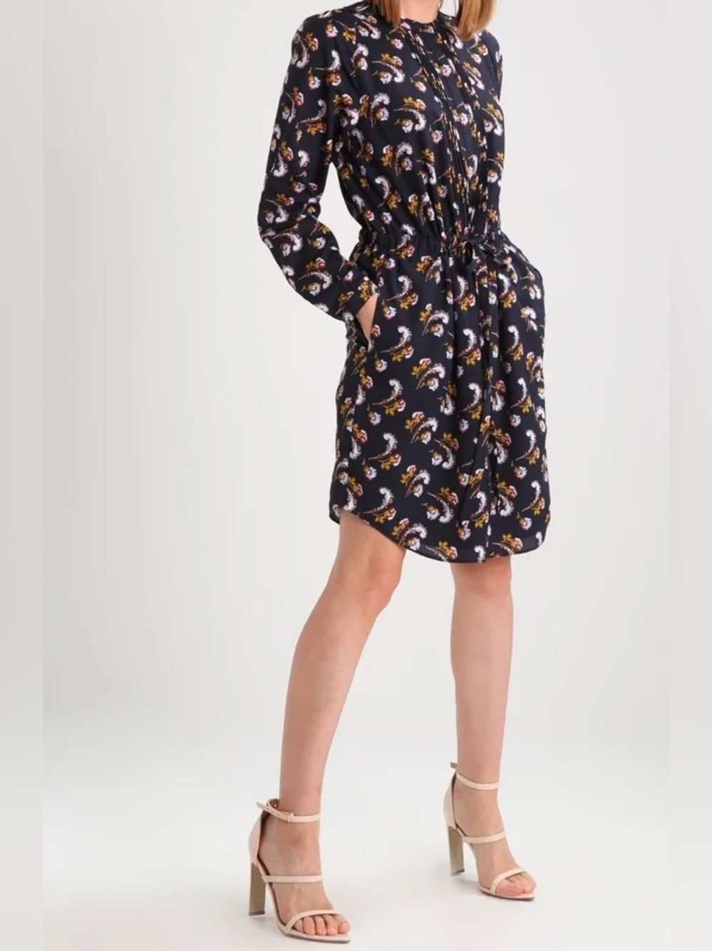 Banana Republic Navy Floral Button-Front Tie-Waist Long Sleeve Dress